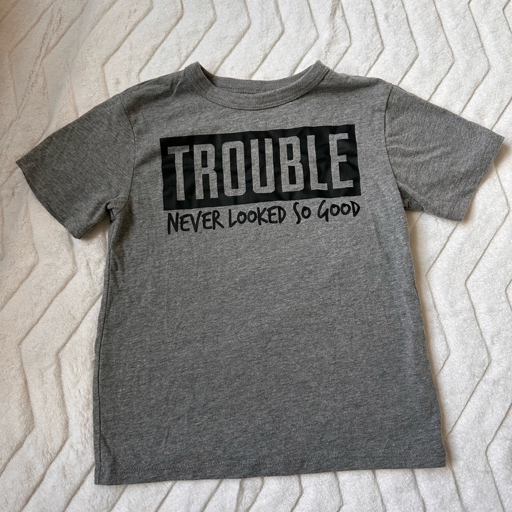 Children’s Place Gray T-Shirt with Bold 'Trouble' Graphic